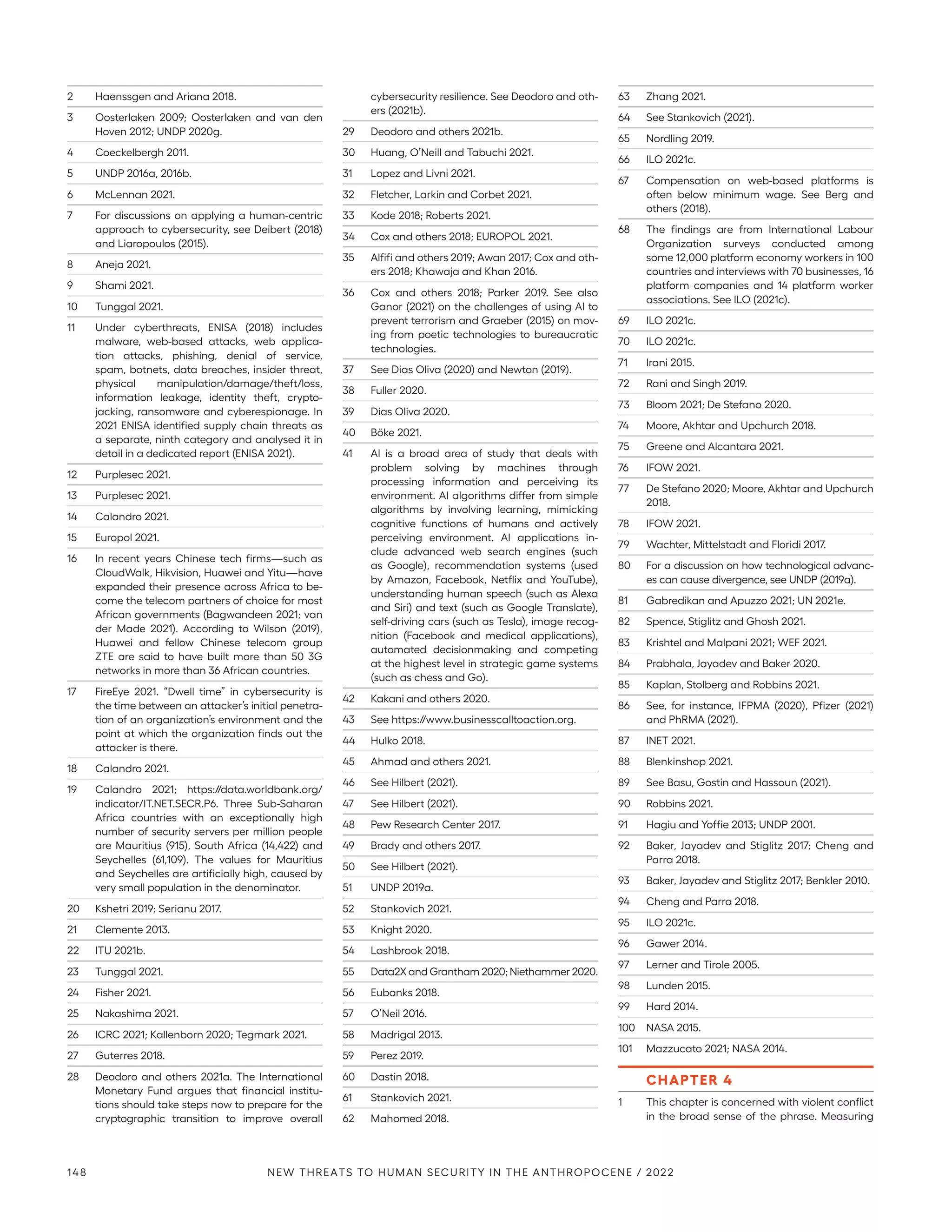 2	 Haenssgen and Ariana 2018.
3	 Oosterlaken 2009; Oosterlaken and van den
Hoven 2012; UNDP 2020g.
4	 Coeckelbergh 2011.
5	 UNDP 2016a, 2016b.
6	 McLennan 2021.
7	 For discussions on applying a human-centric
approach to cybersecurity, see Deibert (2018)
and Liaropoulos (2015).
8	 Aneja 2021.
9	 Shami 2021.
10	 Tunggal 2021.
11	 Under cyberthreats, ENISA (2018) includes
malware, web-based attacks, web applica-
tion attacks, phishing, denial of service,
spam, botnets, data breaches, insider threat,
physical manipulation/damage/theft/loss,
information leakage, identity theft, crypto-
jacking, ransomware and cyberespionage. In
2021 ENISA identified supply chain threats as
a separate, ninth category and analysed it in
detail in a dedicated report (ENISA 2021).
12	 Purplesec 2021.
13	 Purplesec 2021.
14	 Calandro 2021.
15	 Europol 2021.
16	 In recent years Chinese tech firms­
—­
such as
CloudWalk, Hikvision, Huawei and Yitu­
—­
have
expanded their presence across Africa to be-
come the telecom partners of choice for most
African governments (Bagwandeen 2021; van
der Made 2021). According to Wilson (2019),
Huawei and fellow Chinese telecom group
ZTE are said to have built more than 50 3G
networks in more than 36 African countries.
17	 FireEye 2021. “Dwell time” in cybersecurity is
the time between an attacker’s initial penetra-
tion of an organization’s environment and the
point at which the organization finds out the
attacker is there.
18	 Calandro 2021.
19	 Calandro 2021; https://data.worldbank.org/
indicator/IT.NET.SECR.P6. Three Sub-­
Saharan
Africa countries with an exceptionally high
number of security servers per million people
are Mauritius (915), South Africa (14,422) and
Seychelles (61,109). The values for Mauritius
and Seychelles are artificially high, caused by
very small population in the denominator.
20	 Kshetri 2019; Serianu 2017.
21	 Clemente 2013.
22	 ITU 2021b.
23	 Tunggal 2021.
24	 Fisher 2021.
25	 Nakashima 2021.
26	 ICRC 2021; Kallenborn 2020; Tegmark 2021.
27	 Guterres 2018.
28	 Deodoro and others 2021a. The International
Monetary Fund argues that financial institu-
tions should take steps now to prepare for the
cryptographic transition to improve overall
cybersecurity resilience. See Deodoro and oth-
ers (2021b).
29	 Deodoro and others 2021b.
30	 Huang, O’Neill and Tabuchi 2021.
31	 Lopez and Livni 2021.
32	 Fletcher, Larkin and Corbet 2021.
33	 Kode 2018; Roberts 2021.
34	 Cox and others 2018; EUROPOL 2021.
35	 Alfifi and others 2019; Awan 2017; Cox and oth-
ers 2018; Khawaja and Khan 2016.
36	 Cox and others 2018; Parker 2019. See also
Ganor (2021) on the challenges of using AI to
prevent terrorism and Graeber (2015) on mov-
ing from poetic technologies to bureaucratic
technologies.
37	 See Dias Oliva (2020) and Newton (2019).
38	 Fuller 2020.
39	 Dias Oliva 2020.
40	 Böke 2021.
41	 AI is a broad area of study that deals with
problem solving by machines through
processing information and perceiving its
environment. AI algorithms differ from simple
algorithms by involving learning, mimicking
cognitive functions of humans and actively
perceiving environment. AI applications in-
clude advanced web search engines (such
as Google), recommendation systems (used
by Amazon, Facebook, Netflix and YouTube),
understanding human speech (such as Alexa
and Siri) and text (such as Google Translate),
self-driving cars (such as Tesla), image recog-
nition (Facebook and medical applications),
automated decisionmaking and competing
at the highest level in strategic game systems
(such as chess and Go).
42	 Kakani and others 2020.
43	See https://www.businesscalltoaction.org.
44	 Hulko 2018.
45	 Ahmad and others 2021.
46	 See Hilbert (2021).
47	 See Hilbert (2021).
48	 Pew Research Center 2017.
49	 Brady and others 2017.
50	 See Hilbert (2021).
51	 UNDP 2019a.
52	 Stankovich 2021.
53	 Knight 2020.
54	 Lashbrook 2018.
55	 Data2X and Grantham 2020; Niethammer 2020.
56	 Eubanks 2018.
57	 O’Neil 2016.
58	 Madrigal 2013.
59	 Perez 2019.
60	 Dastin 2018.
61	 Stankovich 2021.
62	 Mahomed 2018.
63	 Zhang 2021.
64	 See Stankovich (2021).
65	 Nordling 2019.
66	 ILO 2021c.
67	 Compensation on web-based platforms is
often below minimum wage. See Berg and
others (2018).
68	 The findings are from International Labour
Organization surveys conducted among
some 12,000 platform economy workers in 100
countries and interviews with 70 businesses, 16
platform companies and 14 platform worker
associations. See ILO (2021c).
69	 ILO 2021c.
70	 ILO 2021c.
71	 Irani 2015.
72	 Rani and Singh 2019.
73	 Bloom 2021; De Stefano 2020.
74	 Moore, Akhtar and Upchurch 2018.
75	 Greene and Alcantara 2021.
76	 IFOW 2021.
77	 De Stefano 2020; Moore, Akhtar and Upchurch
2018.
78	 IFOW 2021.
79	 Wachter, Mittelstadt and Floridi 2017.
80	 For a discussion on how technological advanc-
es can cause divergence, see UNDP (2019a).
81	 Gabredikan and Apuzzo 2021; UN 2021e.
82	 Spence, Stiglitz and Ghosh 2021.
83	 Krishtel and Malpani 2021; WEF 2021.
84	 Prabhala, Jayadev and Baker 2020.
85	 Kaplan, Stolberg and Robbins 2021.
86	 See, for instance, IFPMA (2020), Pfizer (2021)
and PhRMA (2021).
87	 INET 2021.
88	 Blenkinshop 2021.
89	 See Basu, Gostin and Hassoun (2021).
90	 Robbins 2021.
91	 Hagiu and Yoffie 2013; UNDP 2001.
92	 Baker, Jayadev and Stiglitz 2017; Cheng and
Parra 2018.
93	 Baker, Jayadev and Stiglitz 2017; Benkler 2010.
94	 Cheng and Parra 2018.
95	 ILO 2021c.
96	 Gawer 2014.
97	 Lerner and Tirole 2005.
98	 Lunden 2015.
99	 Hard 2014.
100	 NASA 2015.
101	 Mazzucato 2021; NASA 2014.
CHAPTER 4
1	 This chapter is concerned with violent conflict
in the broad sense of the phrase. Measuring
148 NEW THREATS TO HUMAN SECURITY IN THE ANTHROPOCENE / 2022
 