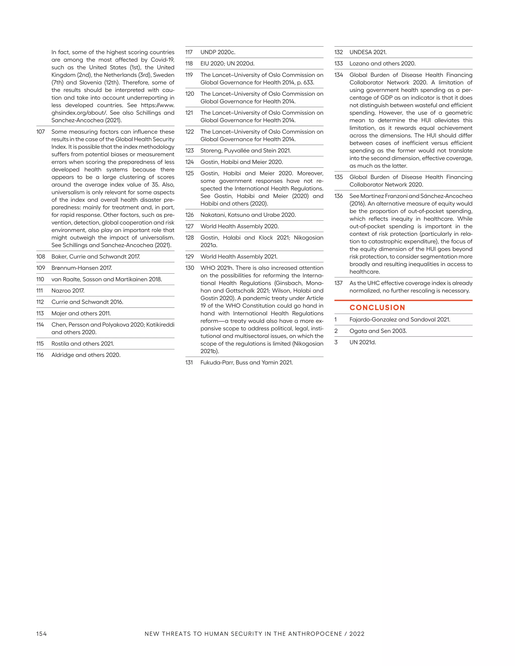 In fact, some of the highest scoring countries
are among the most affected by Covid-19,
such as the United States (1st), the United
Kingdom (2nd), the Netherlands (3rd), Sweden
(7th) and Slovenia (12th). Therefore, some of
the results should be interpreted with cau-
tion and take into account underreporting in
less developed countries. See https://www.
ghsindex.org/about/. See also Schillings and
Sanchez-Ancochea (2021).
107	 Some measuring factors can influence these
results in the case of the Global Health Security
Index. It is possible that the index methodology
suffers from potential biases or measurement
errors when scoring the preparedness of less
developed health systems because there
appears to be a large clustering of scores
around the average index value of 35. Also,
universalism is only relevant for some aspects
of the index and overall health disaster pre-
paredness: mainly for treatment and, in part,
for rapid response. Other factors, such as pre-
vention, detection, global cooperation and risk
environment, also play an important role that
might outweigh the impact of universalism.
See Schillings and Sanchez-Ancochea (2021).
108	 Baker, Currie and Schwandt 2017.
109	 Brønnum-Hansen 2017.
110	 van Raalte, Sasson and Martikainen 2018.
111	 Nazroo 2017.
112	 Currie and Schwandt 2016.
113	 Majer and others 2011.
114	 Chen, Persson and Polyakova 2020; Katikireddi
and others 2020.
115	 Rostila and others 2021.
116	 Aldridge and others 2020.
117	 UNDP 2020c.
118	 EIU 2020; UN 2020d.
119	 The Lancet–University of Oslo Commission on
Global Governance for Health 2014, p. 633.
120	 The Lancet–University of Oslo Commission on
Global Governance for Health 2014.
121	 The Lancet–University of Oslo Commission on
Global Governance for Health 2014.
122	 The Lancet–University of Oslo Commission on
Global Governance for Health 2014.
123	 Storeng, Puyvallée and Stein 2021.
124	 Gostin, Habibi and Meier 2020.
125	 Gostin, Habibi and Meier 2020. Moreover,
some government responses have not re-
spected the International Health Regulations.
See Gostin, Habibi and Meier (2020) and
Habibi and others (2020).
126	 Nakatani, Katsuno and Urabe 2020.
127	 World Health Assembly 2020.
128	 Gostin, Halabi and Klock 2021; Nikogosian
2021a.
129	 World Health Assembly 2021.
130	 WHO 2021h. There is also increased attention
on the possibilities for reforming the Interna-
tional Health Regulations (Ginsbach, Mona-
han and Gottschalk 2021; Wilson, Halabi and
Gostin 2020). A pandemic treaty under Article
19 of the WHO Constitution could go hand in
hand with International Health Regulations
reform­
—­
a treaty would also have a more ex-
pansive scope to address political, legal, insti-
tutional and multisectoral issues, on which the
scope of the regulations is limited (Nikogosian
2021b).
131	 Fukuda-Parr, Buss and Yamin 2021.
132	 UNDESA 2021.
133	 Lozano and others 2020.
134	 Global Burden of Disease Health Financing
Collaborator Network 2020. A limitation of
using government health spending as a per-
centage of GDP as an indicator is that it does
not distinguish between wasteful and efficient
spending. However, the use of a geometric
mean to determine the HUI alleviates this
limitation, as it rewards equal achievement
across the dimensions. The HUI should differ
between cases of inefficient versus efficient
spending as the former would not translate
into the second dimension, effective coverage,
as much as the latter.
135	 Global Burden of Disease Health Financing
Collaborator Network 2020.
136	 See Martínez Franzoni and Sánchez-Ancochea
(2016). An alternative measure of equity would
be the proportion of out-of-pocket spending,
which reflects inequity in healthcare. While
out-of-pocket spending is important in the
context of risk protection (particularly in rela-
tion to catastrophic expenditure), the focus of
the equity dimension of the HUI goes beyond
risk protection, to consider segmentation more
broadly and resulting inequalities in access to
healthcare.
137	 As the UHC effective coverage index is already
normalized, no further rescaling is necessary.
CONCLUSION
1	 Fajardo-Gonzalez and Sandoval 2021.
2	 Ogata and Sen 2003.
3	 UN 2021d.
154 NEW THREATS TO HUMAN SECURITY IN THE ANTHROPOCENE / 2022
 