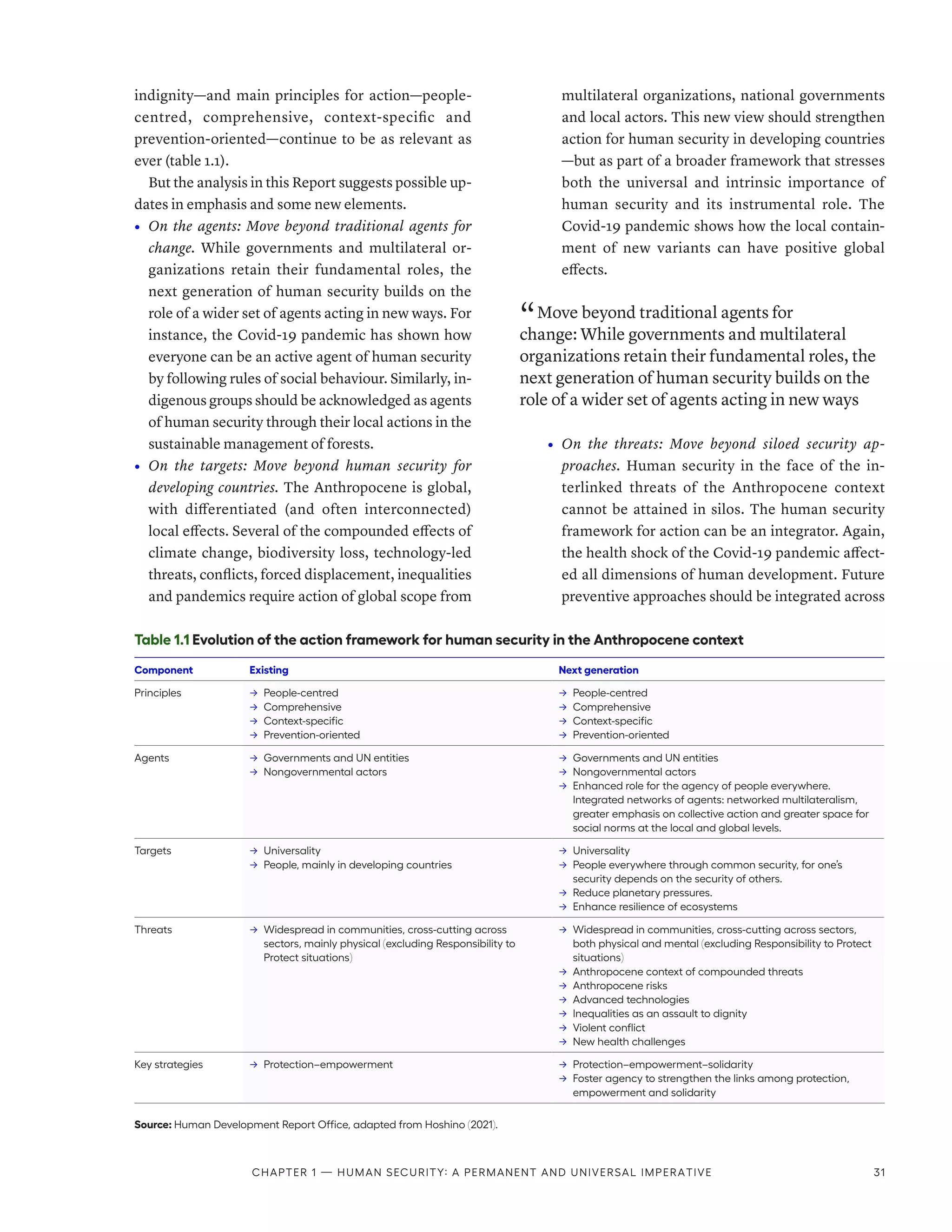 indignity­—­and main principles for action­—­people-
centred, comprehensive, context-specific and
prevention-oriented­
—­
continue to be as relevant as
ever (table 1.1).
But the analysis in this Report suggests possible up-
dates in emphasis and some new elements.
•	 On the agents: Move beyond traditional agents for
change. While governments and multilateral or-
ganizations retain their fundamental roles, the
next generation of human security builds on the
role of a wider set of agents acting in new ways. For
instance, the Covid-19 pandemic has shown how
everyone can be an active agent of human security
by following rules of social behaviour. Similarly, in-
digenous groups should be acknowledged as agents
of human security through their local actions in the
sustainable management of forests.
•	 On the targets: Move beyond human security for
developing countries. The Anthropocene is global,
with differentiated (and often interconnected)
local effects. Several of the compounded effects of
climate change, biodiversity loss, technology-led
threats, conflicts, forced displacement, inequalities
and pandemics require action of global scope from
multilateral organizations, national governments
and local actors. This new view should strengthen
action for human security in developing countries­
—­
but as part of a broader framework that stresses
both the universal and intrinsic importance of
human security and its instrumental role. The
Covid-19 pandemic shows how the local contain-
ment of new variants can have positive global
effects.
“ Move beyond traditional agents for
change: While governments and multilateral
organizations retain their fundamental roles, the
next generation of human security builds on the
role of a wider set of agents acting in new ways
•	 On the threats: Move beyond siloed security ap-
proaches. Human security in the face of the in-
terlinked threats of the Anthropocene context
cannot be attained in silos. The human security
framework for action can be an integrator. Again,
the health shock of the Covid-19 pandemic affect-
ed all dimensions of human development. Future
preventive approaches should be integrated across
Table 1.1 Evolution of the action framework for human security in the Anthropocene context
Component Existing Next generation
Principles 	
→ People-centred
	
→ Comprehensive
	
→ Context-specific
	
→ Prevention-oriented
	
→ People-centred
	
→ Comprehensive
	
→ Context-specific
	
→ Prevention-oriented
Agents 	
→ Governments and UN entities
	
→ Nongovernmental actors
	
→ Governments and UN entities
	
→ Nongovernmental actors
	
→ Enhanced role for the agency of people everywhere.
Integrated networks of agents: networked multilateralism,
greater emphasis on collective action and greater space for
social norms at the local and global levels.
Targets 	
→ Universality
	
→ People, mainly in developing countries
	
→ Universality
	
→ People everywhere through common security, for one’s
security depends on the security of others.
	
→ Reduce planetary pressures.
	
→ Enhance resilience of ecosystems
Threats 	
→ Widespread in communities, cross-cutting across
sectors, mainly physical (excluding Responsibility to
Protect situations)
	
→ Widespread in communities, cross-cutting across sectors,
both physical and mental (excluding Responsibility to Protect
situations)
	
→ Anthropocene context of compounded threats
	
→ Anthropocene risks
	
→ Advanced technologies
	
→ Inequalities as an assault to dignity
	
→ Violent conflict
	
→ New health challenges
Key strategies 	
→ Protection–empowerment 	
→ Protection–empowerment–solidarity
	
→ Foster agency to strengthen the links among protection,
empowerment and solidarity
Source: Human Development Report Office, adapted from Hoshino (2021).
Chapter 1 — Human security: A permanent and universal imperative 31
 