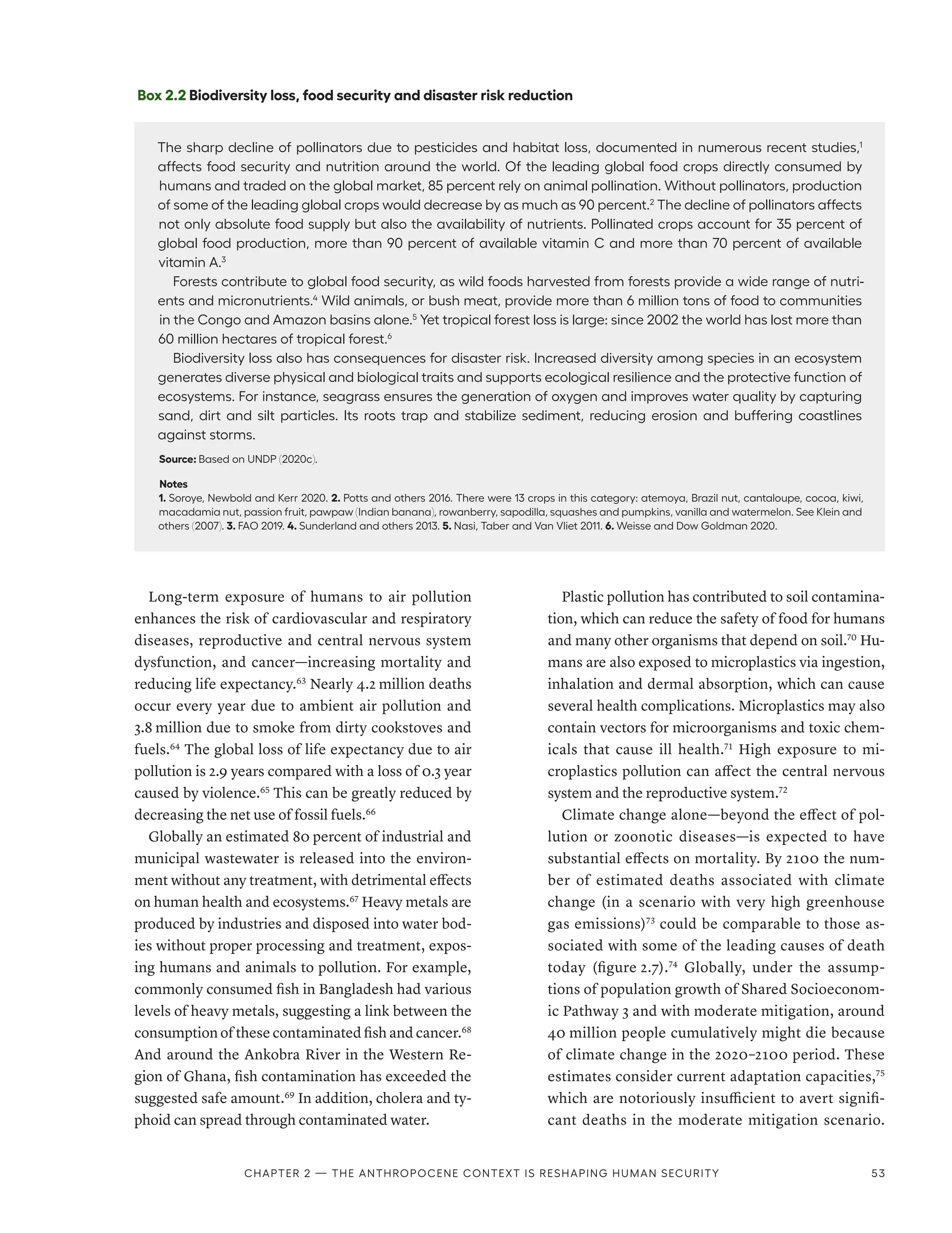 Long-term exposure of humans to air pollution
enhances the risk of cardiovascular and respiratory
diseases, reproductive and central nervous system
dysfunction, and cancer­
—­
increasing mortality and
reducing life expectancy.63
Nearly 4.2 million deaths
occur every year due to ambient air pollution and
3.8 million due to smoke from dirty cookstoves and
fuels.64
The global loss of life expectancy due to air
pollution is 2.9 years compared with a loss of 0.3 year
caused by violence.65
This can be greatly reduced by
decreasing the net use of fossil fuels.66
Globally an estimated 80 percent of industrial and
municipal wastewater is released into the environ-
ment without any treatment, with detrimental effects
on human health and ecosystems.67
Heavy metals are
produced by industries and disposed into water bod-
ies without proper processing and treatment, expos-
ing humans and animals to pollution. For example,
commonly consumed fish in Bangladesh had various
levels of heavy metals, suggesting a link between the
consumption of these contaminated fish and cancer.68
And around the Ankobra River in the Western Re-
gion of Ghana, fish contamination has exceeded the
suggested safe amount.69
In addition, cholera and ty-
phoid can spread through contaminated water.
Plastic pollution has contributed to soil contamina-
tion, which can reduce the safety of food for humans
and many other organisms that depend on soil.70
Hu-
mans are also exposed to microplastics via ingestion,
inhalation and dermal absorption, which can cause
several health complications. Microplastics may also
contain vectors for microorganisms and toxic chem-
icals that cause ill health.71
High exposure to mi-
croplastics pollution can affect the central nervous
system and the reproductive system.72
Climate change alone­
—­
beyond the effect of pol-
lution or zoonotic diseases­
—­
is expected to have
substantial effects on mortality. By 2100 the num-
ber of estimated deaths associated with climate
change (in a scenario with very high greenhouse
gas emissions)73
could be comparable to those as-
sociated with some of the leading causes of death
today (figure 2.7).74
Globally, under the assump-
tions of population growth of Shared Socioeconom-
ic Pathway 3 and with moderate mitigation, around
40 million people cumulatively might die because
of climate change in the 2020–2100 period. These
estimates consider current adaptation capacities,75
which are notoriously insufficient to avert signifi-
cant deaths in the moderate mitigation scenario.
Box 2.2 Biodiversity loss, food security and disaster risk reduction
The sharp decline of pollinators due to pesticides and habitat loss, documented in numerous recent studies,1
affects food security and nutrition around the world. Of the leading global food crops directly consumed by
humans and traded on the global market, 85 percent rely on animal pollination. Without pollinators, production
of some of the leading global crops would decrease by as much as 90 percent.2
The decline of pollinators affects
not only absolute food supply but also the availability of nutrients. Pollinated crops account for 35 percent of
global food production, more than 90 percent of available vitamin C and more than 70 percent of available
vitamin A.3
Forests contribute to global food security, as wild foods harvested from forests provide a wide range of nutri-
ents and micronutrients.4
Wild animals, or bush meat, provide more than 6 million tons of food to communities
in the Congo and Amazon basins alone.5
Yet tropical forest loss is large: since 2002 the world has lost more than
60 million hectares of tropical forest.6
Biodiversity loss also has consequences for disaster risk. Increased diversity among species in an ecosystem
generates diverse physical and biological traits and supports ecological resilience and the protective function of
ecosystems. For instance, seagrass ensures the generation of oxygen and improves water quality by capturing
sand, dirt and silt particles. Its roots trap and stabilize sediment, reducing erosion and buffering coastlines
against storms.
Source: Based on UNDP (2020c).
Notes
1. Soroye, Newbold and Kerr 2020. 2. Potts and others 2016. There were 13 crops in this category: atemoya, Brazil nut, cantaloupe, cocoa, kiwi,
macadamia nut, passion fruit, pawpaw (Indian banana), rowanberry, sapodilla, squashes and pumpkins, vanilla and watermelon. See Klein and
others (2007). 3. FAO 2019. 4. Sunderland and others 2013. 5. Nasi, Taber and Van Vliet 2011. 6. Weisse and Dow Goldman 2020.
Chapter 2 — The Anthropocene context is reshaping human security 53
 