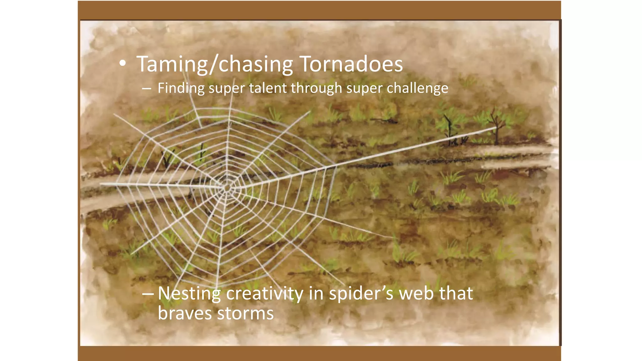 • Taming/chasing Tornadoes
– Finding super talent through super challenge
– Nesting creativity in spider’s web that
braves storms
 