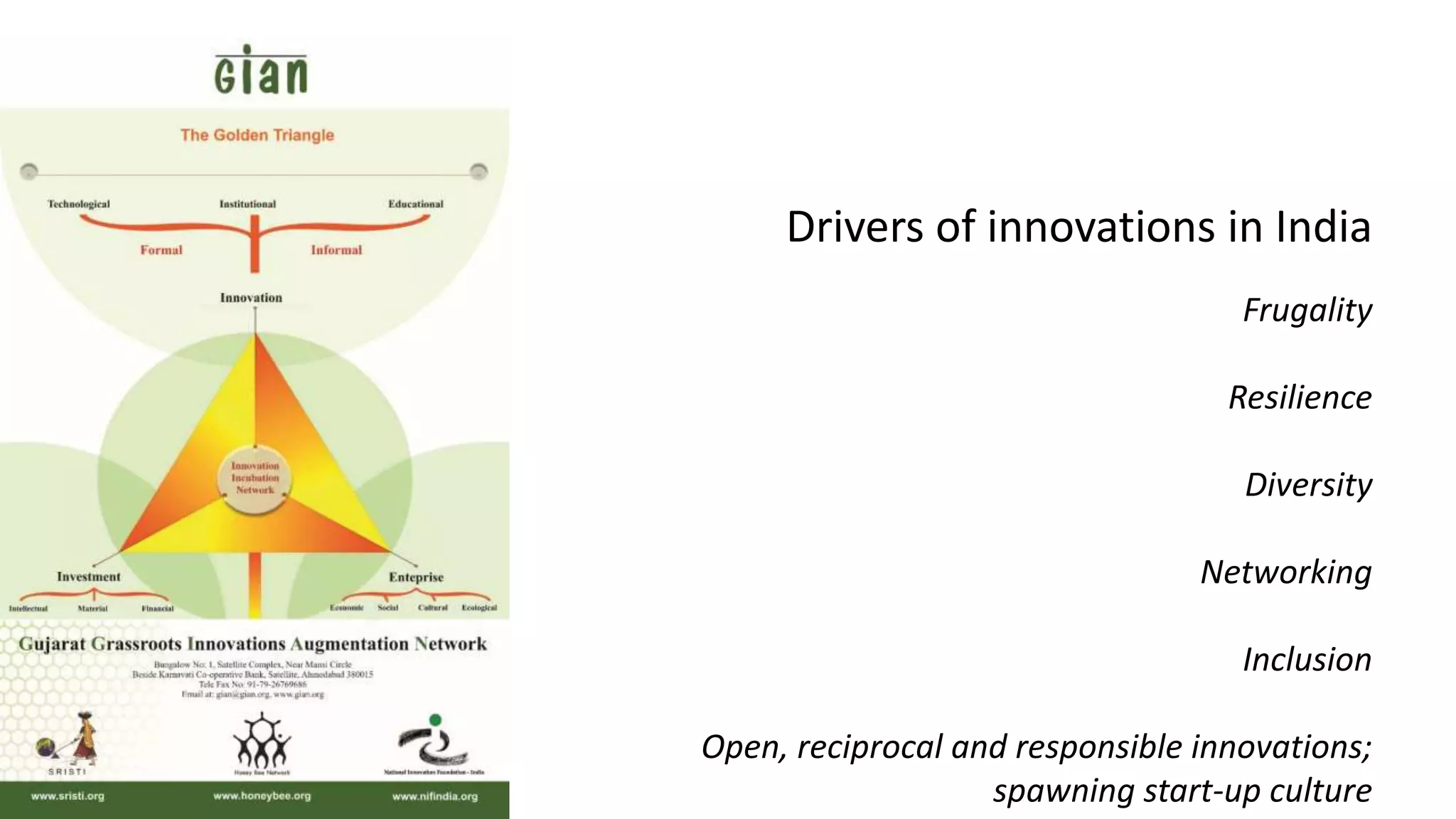Drivers of innovations in India
Frugality
Resilience
Diversity
Networking
Inclusion
Open, reciprocal and responsible innovations;
spawning start-up culture
 