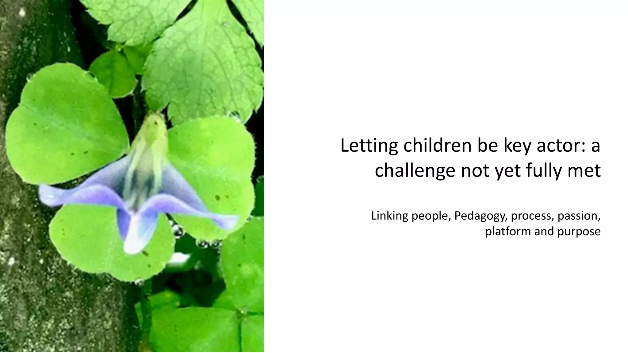 Letting children be key actor: a
challenge not yet fully met
Linking people, Pedagogy, process, passion,
platform and purpose
 