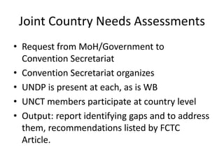 Joint Country Needs Assessments
• Request from MoH/Government to
Convention Secretariat
• Convention Secretariat organizes
• UNDP is present at each, as is WB
• UNCT members participate at country level
• Output: report identifying gaps and to address
them, recommendations listed by FCTC
Article.
 