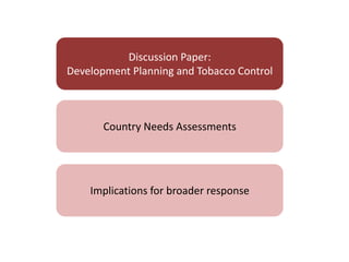 Country Needs Assessments
Discussion Paper:
Development Planning and Tobacco Control
Implications for broader response
 