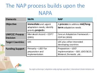 The NAP process builds upon the
NAPA
Elements NAPA NAP
Objective Immediate and urgent
adaptation needs, identify
priority projects
A process to address mid/long-
term adaptation needs
UNFCCC Process
Decision
Marrakesh Accord – COP 7
(2001)
Cancun Adaptation Framework –
COP 16 (2010)
Target Countries LDC LDC plus other interested
developing countries
Funding Support Primarily – LDCF for
preparation and
implementation
Preparation – LDCF
Implementation – GEF, LDCF/SCCF,
Bilateral, Domestic ,etc.
 