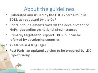 About the guidelines
• Elaborated and issued by the LDC Expert Group in
2012, as requested by the CoP
• Contain four elements towards the development of
NAPs, depending on national circumstances
• Primarily targeted to support LDCs, but can be
referred by developing countries
• Available in 4 languages
• Post Paris, an updated version to be prepared by LDC
Expert Group
 