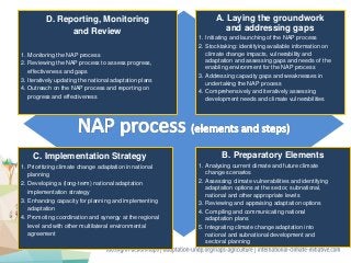 • A. Laying the groundwork
and addressing gaps
• 1. Initiating and launching of the NAP process
• 2. Stocktaking: identifying available information on
climate change impacts, vulnerability and
adaptation and assessing gaps and needs of the
enabling environment for the NAP process
• 3. Addressing capacity gaps and weaknesses in
undertaking the NAP process
• 4. Comprehensively and iteratively assessing
development needs and climate vulnerabilities
A. Laying the groundwork
and addressing gaps
1. Initiating and launching of the NAP process
2. Stocktaking: identifying available information on
climate change impacts, vulnerability and
adaptation and assessing gaps and needs of the
enabling environment for the NAP process
3. Addressing capacity gaps and weaknesses in
undertaking the NAP process
4. Comprehensively and iteratively assessing
development needs and climate vulnerabilities
B. Preparatory Elements
1. Analysing current climate and future climate
change scenarios
2. Assessing climate vulnerabilities and identifying
adaptation options at the sector, subnational,
national and other appropriate levels
3. Reviewing and appraising adaptation options
4. Compiling and communicating national
adaptation plans
5. Integrating climate change adaptation into
national and subnational development and
sectoral planning
C. Implementation Strategy
1. Prioritizing climate change adaptation in national
planning
2. Developing a (long-term) national adaptation
implementation strategy
3. Enhancing capacity for planning and implementing
adaptation
4. Promoting coordination and synergy at the regional
level and with other multilateral environmental
agreement
D. Reporting, Monitoring
and Review
1. Monitoring the NAP process
2. Reviewing the NAP process to assess progress,
effectiveness and gaps
3. Iteratively updating the national adaptation plans
4. Outreach on the NAP process and reporting on
progress and effectiveness
 