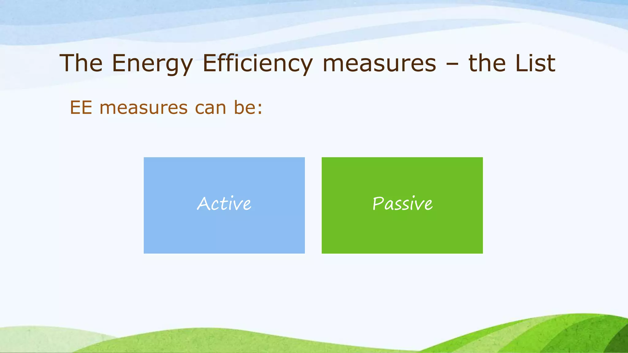 The Energy Efficiency measures – the List
EE measures can be:
Active Passive
 