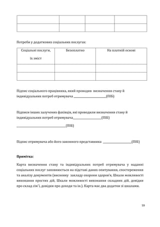 59
Потреби у додаткових соціальних послугах:
Соціальні послуги,
їх зміст
Безоплатно На платній основі
Підпис соціального працівника, який проводив визначення стану й
індивідуальних потреб отримувача _________________________(ПІБ)
Підписи інших залучених фахівців, які проводили визначення стану й
індивідуальних потреб отримувача______________________(ПІБ)
______________________________________(ПІБ)
Підпис отримувача або його законного представника ______________________(ПІБ)
Примітка:
Карта визначення стану та індивідуальних потреб отримувача у наданні
соціальних послуг заповнюється на підставі даних опитування, спостереження
та аналізу документів (висновку закладу охорони здоров’я, Шкали можливості
виконання простих дій, Шкали можливості виконання складних дій, довідки
про склад сім`ї, довідки про доходи та ін.). Карта має два додатки зі шкалами.
 
