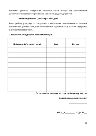 88
соціальна робота», стажування впродовж трьох місяців під керівництвом
досвідченого соціального робітника. Без вимог до досвіду роботи.
7. Взаємовідносини (зв’язки) за посадою
Свою роботу узгоджує та координує з соціальним працівником та іншими
соціальними робітниками, персоналом інших підрозділів ТЦ, а також підтримує
з ними службові зв’язки.
З посадовою інструкцією ознайомлений/а:
Прізвище, ім’я, по-батькові Дата Підпис
Затверджена наказом по територіальному центру
надання соціальних послуг
_______________________
від «___»_____________ 20_ р. №____
 