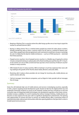 FIGURE 6: ICT Penetration by HDI 2010 
in percent 
140 
120 
100 
80 
60 
40 
20 
0 
Low Medium High Very High 
Source: ITU 2011 and UNDP 2010 
Human Development Index 
Mobile phone 
subscriptions 
Internet users 
Fixed telephone 
• Beeping or flashing: This is a practice where the caller hangs up after one or two rings to signal the 
receiver to call back (Donner 2007). 
• Buying or selling airtime: This is a method where people buy airtime for other phone numbers, 
thereby transferring value to them, a practice which can be used as a method of distance pay-ment. 
Often, people have informal agreements with merchants to resell their minutes in exchange 
for cash. It is likely that the idea for mobile remittances — such as m-PESA (see box 6) — stemmed 
from these practices. 
• Prepaid service vouchers: Use of prepaid service vouchers is a flexible way of paying for airtime 
minutes compared to being on a phone plan with a fixed monthly post-paid fee (Sey 2011). Vouch-ers 
for airtime can cost as little as $0.50 and have spurred a micro-economy of ‘telecom voucher’ 
Mobile Technologies and Empowerment 15 
vendors in many countries. 
• SMS instead of voice: In many countries, SMS (or ‘texting’) is much less expensive than voice call-ing, 
leading to the growth of the ‘thumb culture’ (Glotz, Bertschi, and Locke 2005). 
• Receiving calls: In places where providers do not charge for incoming calls, mobile phones are 
used to receive calls only. 
• ‘Call me’ messages: Some telecom companies, such as Digicel in Haiti, provide ‘call me’ messages 
free of charge. 
Summary 
Given the still relatively high cost of mobile phones and services in developing countries, especially 
in LDCs, projects targeting broad development goals should not fall into the digital divide trap and 
emphasize ownership of devices or access to the networks. Instead, the focus should be on new and 
innovative ways of integrating mobile technologies into development agendas as their lower cost po-tentially 
increases scalability. It is worth restating that without strategic thinking, mobile phones can 
become an extra expense for the poor with no significant development achievements. Yet opening 
new opportunities to connect the poor to services via mobile phones offers a promising means of 
reaching historically underserved communities while also opening platforms that give them a voice in 
broader governance processes. 
 