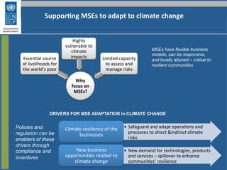 Suppor.ng	
  MSEs	
  to	
  adapt	
  to	
  climate	
  change	
  
Why	
  
focus	
  on	
  
MSEs?	
  
EssenGal	
  source	
  
of	
  livelihoods	
  for	
  
the	
  world’s	
  poor	
  
Highly	
  
vulnerable	
  to	
  
climate	
  
impacts	
   Limited	
  capacity	
  
to	
  assess	
  and	
  
manage	
  risks	
  
•  Safeguard	
  and	
  adapt	
  operaGons	
  and	
  
processes	
  to	
  direct	
  &indirect	
  climate	
  
risks	
  
Climate	
  resiliency	
  of	
  the	
  
businesses	
  
•  New	
  demand	
  for	
  technologies,	
  products	
  
and	
  services	
  –	
  spillover	
  to	
  enhance	
  
communiGes’	
  resilience	
  
New	
  business	
  
opportuniGes	
  related	
  to	
  
climate	
  change	
  
MSEs have flexible business
models, can be responsive,
and locally attuned – critical to
resilient communities
DRIVERS FOR MSE ADAPTATION in CLIMATE CHANGE
Policies and
regulation can be
enablers of these
drivers through
compliance and
incentives
 