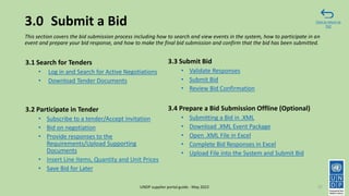 3.0 Submit a Bid
This section covers the bid submission process including how to search and view events in the system, how to participate in an
event and prepare your bid response, and how to make the final bid submission and confirm that the bid has been submitted.
27
Click to return to
TOC
UNDP supplier portal guide - May 2022
3.1 Search for Tenders
• Log in and Search for Active Negotiations
• Download Tender Documents
3.2 Participate in Tender
• Subscribe to a tender/Accept invitation
• Bid on negotiation
• Provide responses to the
Requirements/Upload Supporting
Documents
• Insert Line Items, Quantity and Unit Prices
• Save Bid for Later
3.3 Submit Bid
• Validate Responses
• Submit Bid
• Review Bid Confirmation
3.4 Prepare a Bid Submission Offline (Optional)
• Submitting a Bid in .XML
• Download .XML Event Package
• Open .XML File in Excel
• Complete Bid Responses in Excel
• Upload File into the System and Submit Bid
 
