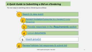 28
Search & view event
Accept Invitation/Subscribe to a tender/Create
Response
Provide responses in the Requirements section
Upload documents
Insert price(s)
Review/Validate bid responses & submit bid
1
4
3
2
5
6
UNDP supplier portal guide - May 2022
A Quick Guide to Submitting a Bid on eTendering
The main steps to submitting a bid on eTendering are as follows
 