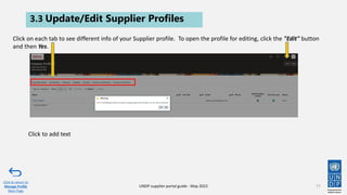 3.3 Update/Edit Supplier Profiles
77
Click to return to
Manage Profile
Main Page
UNDP supplier portal guide - May 2022
Click on each tab to see different info of your Supplier profile. To open the profile for editing, click the "Edit" button
and then Yes.
Click to add text
 