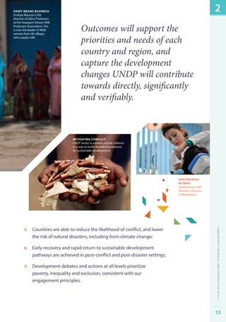 dairy means business 
Pushpa Maurya is the 
Director of Dairy Producers 
at the Swaayam Ksheer Milk 
Producers Association. She 
is now the leader of 9000 
women from 46 villages 
who supply milk. 
Outcomes will support the 
priorities and needs of each 
country and region, and 
capture the development 
changes UNDP will contribute 
towards directly, significantly 
and verifiably. 
mitigating conflict 
UNDP works to address armed violence 
as a way to build durable foundations 
for sustainable development. 
5. Countries are able to reduce the likelihood of conflict, and lower 
the risk of natural disasters, including from climate change; 
6. Early recovery and rapid return to sustainable development 
pathways are achieved in post-conflict and post-disaster settings; 
7. Development debates and actions at all levels prioritize 
poverty, inequality and exclusion, consistent with our 
engagement principles. 
empowering 
women 
Supporting small 
business ventures 
in Macedonia. 
2 
Changing with the World | UNDP Strategic Plan: 2014–17 
13 
 