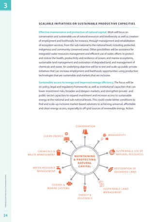 Scalable initiatives on sustainable productive capacities 
Effective maintenance and protection of natural capital. Work will focus on 
conservation and sustainable use of natural resources and biodiversity as well as creation 
of employment and livelihoods, for instance, through management and rehabilitation 
of ecosystem services, from the sub-national to the national level, including protected, 
indigenous and community conserved areas. Other possibilities will be assistance for 
integrated water resources management and efficient use of water, efforts to protect 
and restore the health, productivity and resilience of oceans and marine ecosystems, 
sustainable land management and restoration of degraded land, and management of 
chemicals and waste. An underlying objective will be to test and scale-up public-private 
initiatives that can increase employment and livelihoods opportunities using production 
technologies that are sustainable and markets that are inclusive. 
Sustainable access to energy and improved energy efficiency. The focus will be 
on policy, legal and regulatory frameworks as well as institutional capacities that can 
lower investment risks, broaden and deepen markets, and strengthen private- and 
public-sector capacities to expand investment and increase access to sustainable 
energy at the national and sub-national levels. This could create better conditions to 
find and scale-up inclusive market-based solutions to achieving universal, affordable 
and clean energy access, especially to off-grid sources of renewable energy. Action 
biodiversity 
oceans & 
marine systems 
conservation 
restoration of 
degraded land 
Energ y & 
Efficiency 
Sustainable Land 
Management 
clean energ y 
chemicals & 
waste manegement 
sustainable use of 
natural resources 
wat er resource 
manag ement 
Maintaining 
& Protecting 
Natural 
Capital 
3 
24Redesigning Our Main Areas of Development Work 
 