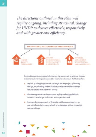The directions outlined in this Plan will 
require ongoing, including structural, change 
for UNDP to deliver effectively, responsively 
and with greater cost efficiency. 
institutional effectiveness breakthrough 
Higher 
Qua lity 
Programm es 
great er 
organizational 
openess, agility 
& adaptability 
improved 
manag ement 
of financial & 
human resources 
The breakthrough in institutional effectiveness that we seek will be achieved through 
three interrelated strategies to support the vision and outcomes in the Strategic Plan: 
1. Higher quality programmes through better project planning, 
design, monitoring and evaluation, underpinned by stronger 
results-based management (RBM); 
2. Greater organizational openness, agility and adaptability to 
harness knowledge, solutions and expertise; and 
3. Improved management of financial and human resources in 
pursuit of results in a way which is sustainable within projected 
resource flows. 
5 
52Transforming Institutional Effectiveness 
 