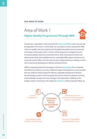 Our areas of work 
Area of Work 1 
Higher Quality Programmes Through RBM 
A systematic, organization-wide investment for improved RBM is under way and will 
be expanded in the future. It will include: the articulation of clear standards for RBM; 
minimum quality criteria for projects and strengthened quality assurance processes 
at all stages of the project cycle; a revision of the programme management cycle 
to improve quality, robustness and performance, while reducing time frames and 
administrative load; and establishment of a sustainable RBM support mechanism to 
work with country offices over the next two years. Regional Bureaux will play a critical 
role in overseeing all programme delivery and performance. 
UNDP is uniquely positioned to leverage its extensive knowledge of the similarities 
and differences between countries at different stages of development, and to translate 
that into evidence-based insights for effective, adaptable development solutions. 
We will introduce systems, from the project level up, to entrench evaluation, learning 
and knowledge management more strongly in the organization. Building on the 
progress made in recent years, the quality of evaluations will be improved, follow-up 
minimum quality 
criteria & strengthened 
quality assurance 
revised programme 
manag ement cycle 
clear 
standards 
sustainable rbm 
support mechanism 
stronger 
results-based 
management 
(RBM) 
5 
58Transforming Institutional Effectiveness 
 