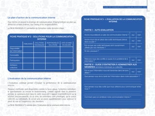 GUIDE DE COMMUNICATION à l’usage des associations - 2014
19
L’évaluation de la communication interne
L’évaluation continue permet d’évaluer la performance de la communication
interne.
Plusieurs méthodes sont disponibles comme le focus group, l’entretien individuel,
le questionnaire ou encore le brainstorming. Comme signalé dans la première
section, la communication dans le cadre associatif s’appuie essentiellement sur la
relation interpersonnelle. En ce sens, les entretiens sont privilégiés, qu’ils soient
collectifs ou individuels, ils seront une occasion supplémentaire pour valoriser le
point de vue et l’expérience des membres.
La FICHE PRATIQUE n°3 oriente dans l’évaluation de la communication interne.
FICHE PRATIQUE N°3 - L’EVALUATION DE LA COMMUNICATION
INTERNE
PARTIE I - AUTO-EVALUATION
Avons-nous élaboré un plan de communication interne ? oui non
Avons-nous mis en place des outils techniques prévus
dans ce plan ?
oui non
Est-ce que ces outils techniques sont couramment
utilisés par nos membres ?
oui non
Si non, pourquoi ?
...............................................................................................................
...............................................................................................................
Relevons-nous des conflits à cause d’un problème lié à
information ?
oui non
PARTIE II - GUIDE D’ENTRETIEN À ADMINISTRER AUX
MEMBRES (entretiens individuels ou collectifs)
Est-ce que l’information vous est transmise dans de bons
délais ?
oui non
Que pensez-vous de la clarté de l’information dans notre association ?
...............................................................................................................
...............................................................................................................
...............................................................................................................
Que pensez-vous des outils que nous utilisons pour communiquer entre
nous ?
...............................................................................................................
..............................................................................................................
Comment peut-on améliorer notre communication interne ?
...............................................................................................................
...............................................................................................................
...............................................................................................................
Le plan d’action de la communication interne
Pour mettre en oeuvre la stratégie de communication, il faut privilégier un plan qui
définit les actions à mener, leur timing et les responsabilités.
La FICHE PRATIQUE n°2 permettra de formaliser cette dernière étape.
FICHE PRATIQUE N°2 - SOLUTIONS POUR LA COMMUNICATION
INTERNE
Disponibilité
de l’information
Convivialité
Participation
Adhésion
collective
FAIBLESSES
SOLUTIONS
TECHNIQUES
RESPONSABLES
SOLUTIONS
DATE DE MISE
EN OEUVRE
 