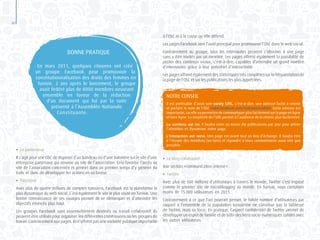 40
●	 Le partenariat
Il s’agit pour une OSC de disposer d’un bandeau ou d’une bannière sur le site d’une
entreprise partenaire qui renvoie au site de l’association. Cela favorise l’accès au
site de l’association concernée et permet dans un premier temps d’y générer du
trafic et donc de développer les actions en sa faveur.
●	 Facebook
Avec plus de quatre millions de comptes tunisiens, Facebook est la plateforme la
plus dynamique du web social. C’est également le site le plus visité en Tunisie. Une
bonne connaissance de ses rouages permet de se démarquer et d’atteindre les
objectifs énoncés plus haut.
Les groupes Facebook sont essentiellement destinés au travail collaboratif. Ils
peuvent être utilisés pour organiser les différentes commissions ou les groupes de
travail. Contrairement aux pages, ils n’offrent pas une visibilité publique importante
BONNE PRATIQUE
En mars 2011, quelques citoyens ont créé
un groupe Facebook pour promouvoir la
constitutionnalisation des droits des femmes en
Tunisie. 2 ans après le lancement, le groupe
avait fédéré plus de 8000 membres oeuvrant
ensemble en faveur de la rédaction
d’un document qui fut par la suite
présenté à l’Assemblée Nationale
Constituante.
à l’OSC ni à la cause qu’elle défend.
Les pages Facebook sont l’outil principal pour promouvoir l’OSC dans le web social.
Contrairement au groupe, tous les internautes peuvent s’abonner à une page
sans y être invités par un membre. Les pages offrent également la possibilité de
poster des contenus viraux, c’est-à-dire, capables d’atteindre un grand nombre
d’internautes grâce à leur potentiel d’interactivité.
Les pages offrent également des statistiques très complètes sur la fréquentation de
la page de l’OSC et sur les publications les plus appréciées.
●	 Le blog collaboratif
Voir section «communication interne».
●	 Twitter
Avec plus de 500 millions d’utilisateurs à travers le monde, Twitter s’est imposé
comme le premier site de microblogging au monde. En Tunisie, nous comptons
moins de 15.000 utilisateurs en 2013.
Contrairement à ce que l’on pourrait penser, le faible nombre d’utilisateurs par
rapport à l’ensemble de la population tunisienne ne constitue pas la faiblesse
de Twitter, mais sa force. En pratique, l’aspect confidentiel de Twitter permet de
développer un esprit de famille et de bâtir des liens socio-numériques solides avec
les autres utilisateurs.
NOTRE CONSEIL
Il est préférable d’avoir une vanity URL, c’est-à-dire, une adresse facile à retenir
et portant le nom de l’OSC www.facebook.com/notreassociation. Cette adresse est
importante,carellevapermettredecommuniquerplusfacilementsurlapageenligne
et hors ligne. La simplicité de l’URL permet à l’audience de la retenir plus facilement.
Le contenu est roi. Il faudra créer au moins dix publications par jour pour attirer
l’attention et dynamiser notre page.
L’interaction est reine. Une page est avant tout un lieu d’échange. Il faudra être
à l’écoute des membres (ou fans) et répondre à leurs commentaires aussi vite que
possible.
 