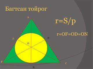 Багтсан тойрог
           A

                         r=S/p
                         r=OF=OD=ON
      F              D

           O




B
                           C
               N
 