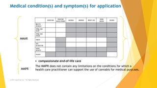 Medical condition(s) and symptom(s) for application
+ compassionate end-of-life care
The MMPR does not contain any limitat...