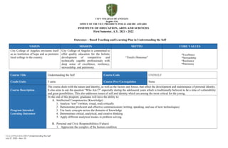 CCA-OVPAA-IEAS-OBTLP-Understanding the Self
July 27, 2020 – Rev. 03
INSTITUTE OF EDUCATION, ARTS AND SCIENCES
First Semester, A.Y. 2021 - 2022
Outcomes – Based Teaching and Learning Plan in Understanding the Self
VISION MISSION MOTTO CORE VALUES
City College of Angeles envisions itself
as an institution of hope and as premiere
local college in the country.
City College of Angeles is committed to
offer quality education for the holistic
development of competitive and
technically capable professionals with
deep sense of excellence, resiliency,
stewardship, and patrimony.
“Totalis Humanae”
Course Title Understanding the Self Course Code UNDSELF
Credit Units 3 units Course Pre-/Co-requisites None
Course Description
The course deals with the nature and identity, as well as the factors and forces, that affect the development and maintenance of personal identity.
It also aims to ask the question “Who Am I?” especially during the adolescent years which is traditionally believed to be a time of vulnerability
and great possibilities. This also addresses issues of self and identity which are among the most critical for the young.
Program Intended
Learning Outcomes
At the end of this program, graduates will have the ability to:
A. Intellectual Competencies (Knowledge)
1. Analyze “text” (written, visual, oral) critically
2. Demonstrate proficient and effective communication (writing, speaking, and use of new technologies)
3. Use basic concepts across the domains of knowledge
4. Demonstrate critical, analytical, and creative thinking
5. Apply different analytical modes in problem solving
B. Personal and Civic Responsibilities (Values)
1. Appreciate the complex of the human condition
*Excellence
*Stewardship
*Resiliency
*Patrimony
 