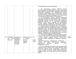 тогтоомжийн дагуу зохион байгуулав.
1. Их сургуулиудын хотхоны ТЭЗҮ-ийг хийлгэж
дуусган Барилга, хот байгуулалтын сайдын “Орон тооны
бус экспертүүд томилох тухай” тушаалаар хөндлөнгийн
экспертүүд томилогдож “Их сургуулиудын хотхоны
хөгжлийн ерөнхий төлөвлөгөөний техник эдийн засгийн
үндэслэл”-ийн магадлалын ерөнхий дүгнэлт гарсан буюу
Техник эдийн засгийн үндэслэл 100% хийгдсэн.
2. Их сургуулиудын хотхоны ерөнхий төлөвлөгөөг
Нийслэлийн ерөнхий төлөвлөгөөний газрын техникийн
зөвлөлийн хурлаар хоѐр удаа, Нийслэлийн удирдлагын
зөвлөлийн хурлаар тус тус хэлэлцүүлэн дэмжүүлэн
Засгийн газрын ээлжит хурлаар Их сургуулиудын
хотхоны ерөнхий төлөвлөгөөг хэлэлцүүлэн дэмжсэн.
Ерөнхий төлөвлөгөө боловсруулах ажил 100% хийгдсэн.
3. Багануур дахь их сургуулийн хотхоны танилцуулгыг
Нийслэлийн ерөнхий төлөвлөгөөний газрын Техникийн
зөвлөлийн хурал, Нийслэлийн иргэдийн төлөөлөгчдийн
хурлаар хэлэлцүүлэн, Засгийн газрын хуралдааны 2014
оны 6 дугаар сарын 21 ний өдөр хэлэлцүүллээ. Хотхоны
ерөнхий төлөвлөгөө, үйл ажиллагааны явцыг хэлэлцэн
дэмжиж, 32 дугаар тэмдэглэл гаргасан байна.
4. Мөн Монгол-Германы технологийн дээд сургуулийг
түшиглэн оюутны хотхон байгуулах ажил явагдаж байна.
17.7 ЗГҮАХХАХТ-
ний 193.1
дэх заалт
Боловсролын
удирдлага,
мэдээллийн
үндэсний
системийг
хөгжүүлэх
Мэдээллий
н нэгдсэн
сангийн
бүрдэлт,
хувиар
100 1.0
Улсын
төсөв
Улсын төсвийн хөрөнгө оруулалт болон Азийн
хөгжлийн банкны Боловсролын салбарын шинэчлэл
төслийн
хүрээнд Боловсролын байгууллагын мэдээллийн
нэгдсэн сан бүхий “Боловсролын удирдлага,
мэдээллийн үндэсний систем” ийг
боловсруулж эхэлсэн.
2014 оны төлөвлөлтөөр уг ажлын хүрээнд мэдээллийн
системийн суурь модуль болох хүний нөөцийн болон
статистик модулыг бүрэн боловсруулж ажиллалаа.
Улсын төсвөөс 1.479.8 сая төгрөг, ADB боловсролын
салбарын шинэчлэл төслөөс 940.1сая төгрөг зарцуулсан
байна.
100%
 