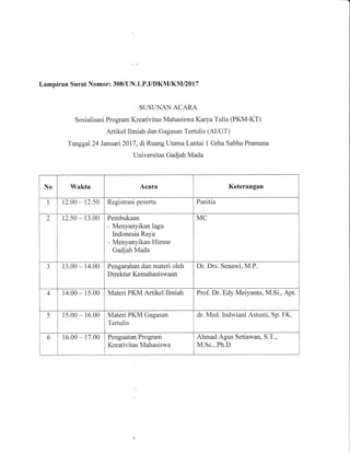 Lampiran Surat Nomor: 308ruN.1.P.I/DKM/KM120L7
SUSLJNAN ACARA
Sosialisasi Program Kreativitas Mahasiswa Karya Tulis (PKM-KT)
Artikel llmiah dan Gagasan Tertulis (AI/GT)
Tanggal 24 Januari 2017 , di Ruang Utama Lantai 1 Grha Sabha Pramana
Universitas Gadjah Mada
No Waktu Acara Keterangan
1 12.00 - 12.50 Registrasi peserta Panitia
2 12.50 - 13.00 Pembukaan
- Menyanyikan lagu
Indonesia Raya
- Menyanyikan Himne
Gadjah Mada
MC
J 13.00 - 14.00 Pengarahan dan materi oleh
Direktur Kemahasiswaan
Dr. Drs. Senawi, M.P.
4 14.00 - 1s.00 Materi PKM Afiikel Ilmiah Prof. Dr. Edy Meiyanto, M.Si., Apt.
5 15.00 - 16.00 Materi PKM Gagasan
Terlulis
dr. Med. Indwiani Astusti, Sp. FK.
6 16.00 1 7.00 Penguata4 Program
Kreativitas Mahasiswa
Ahmad Agus Setiawan, S.T.,
M.Sc., Ph.D
Dr. Med. dr. Indwiani Astuti, Sp.FK
 