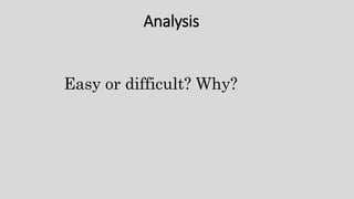 Analysis
Easy or difficult? Why?
 