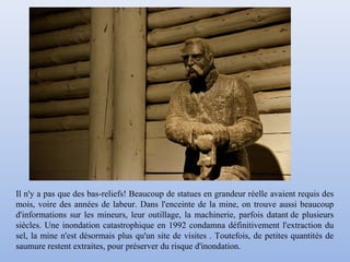 Il n'y a pas que des bas-reliefs! Beaucoup de statues en grandeur réelle avaient requis des
mois, voire des années de labeur. Dans l'enceinte de la mine, on trouve aussi beaucoup
d'informations sur les mineurs, leur outillage, la machinerie, parfois datant de plusieurs
siècles. Une inondation catastrophique en 1992 condamna définitivement l'extraction du
sel, la mine n'est désormais plus qu'un site de visites . Toutefois, de petites quantités de
saumure restent extraites, pour préserver du risque d'inondation.
 