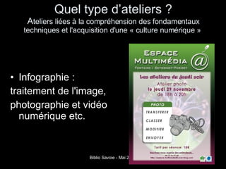 Quel type d’ateliers ? A teliers liées à la compréhension des fondamentaux techniques et l'acquisition d'une « culture numérique »  Infographie :  traitement de l'image, photographie et vidéo numérique etc. 