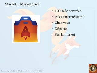    
Brainstorming café : Firefox OS : Communication rusée 18 Mars 2015
✔ 100 % le contrôle
✔
Pas d'intermédiaire
✔
Chez vous
✔
Déporté
✔
Sur la market
Market... Marketplace
 