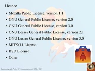    
Brainstorming café : Firefox OS : Communication rusée 18 Mars 2015
Licence
● Mozilla Public License, version 1.1
● GNU General Public License, version 2.0
● GNU General Public License, version 3.0
● GNU Lesser General Public License, version 2.1
● GNU Lesser General Public License, version 3.0
● MIT/X11 License
● BSD License
● Other
 