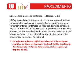 Editores Productores de contenidos (Editoriales UNE)
UNE agrupa a los editores universitarios, que emplean Unebook
como plataforma de venta a usuarios finales y puede gestionar
conjuntamente los contenidos electrónicos de sus editores para
llegar a acuerdos de distribución con sus proveedores. Una de las
posibles modalidades de acuerdo es el intercambio científico, que
integra los fondos de las editoriales universitarias que acepten
intercambiar su producción editorial.
 Los editores indican a UNE si participan en el intercambio
científico de libros electrónicos. Unebook facilita la colección
de intercambio o informa de la misma, si el proveedor ya
dispone de ella.
PROCEDIMIENTO
 