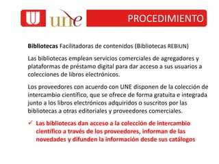 Bibliotecas Facilitadoras de contenidos (Bibliotecas REBIUN)
Las bibliotecas emplean servicios comerciales de agregadores y
plataformas de préstamo digital para dar acceso a sus usuarios a
colecciones de libros electrónicos.
Los proveedores con acuerdo con UNE disponen de la colección de
intercambio científico, que se ofrece de forma gratuita e integrada
junto a los libros electrónicos adquiridos o suscritos por las
bibliotecas a otras editoriales y proveedores comerciales.
 Las bibliotecas dan acceso a la colección de intercambio
científico a través de los proveedores, informan de las
novedades y difunden la información desde sus catálogos
PROCEDIMIENTO
 