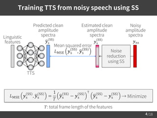 /18
Training TTS from noisy speech using SS
4
Mean squared error
𝐿MSE 𝒚s
SS
, 𝒚s
SS
TTS
Linguistic
features
Predicted clean
amplitude
spectra
Estimated clean
amplitude
spectra
Noisy
amplitude
spectra
𝒚s
(SS)
𝒚s
(SS)
𝒚ns
Noise
reduction
using SS
→ Minimize𝐿MSE 𝒚s
SS
, 𝒚s
SS
=
1
𝑇
𝒚s
SS
− 𝒚s
SS
⊤
𝒚s
SS
− 𝒚s
SS
𝑇: total frame length of the features
 