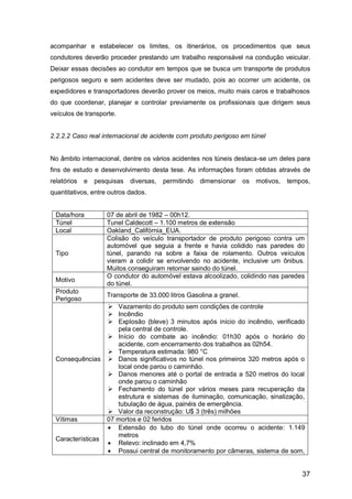 37
acompanhar e estabelecer os limites, os itinerários, os procedimentos que seus
condutores deverão proceder prestando um trabalho responsável na condução veicular.
Deixar essas decisões ao condutor em tempos que se busca um transporte de produtos
perigosos seguro e sem acidentes deve ser mudado, pois ao ocorrer um acidente, os
expedidores e transportadores deverão prover os meios, muito mais caros e trabalhosos
do que coordenar, planejar e controlar previamente os profissionais que dirigem seus
veículos de transporte.
2.2.2.2 Caso real internacional de acidente com produto perigoso em túnel
No âmbito internacional, dentre os vários acidentes nos túneis destaca-se um deles para
fins de estudo e desenvolvimento desta tese. As informações foram obtidas através de
relatórios e pesquisas diversas, permitindo dimensionar os motivos, tempos,
quantitativos, entre outros dados.
Data/hora 07 de abril de 1982 – 00h12.
Túnel Tunel Caldecott – 1.100 metros de extensão
Local Oakland_Califórnia_EUA.
Tipo
Colisão do veículo transportador de produto perigoso contra um
automóvel que seguia a frente e havia colidido nas paredes do
túnel, parando na sobre a faixa de rolamento. Outros veículos
vieram a colidir se envolvendo no acidente, inclusive um ônibus.
Muitos conseguiram retornar saindo do túnel.
Motivo
O condutor do automóvel estava alcoolizado, colidindo nas paredes
do túnel.
Produto
Perigoso
Transporte de 33.000 litros Gasolina a granel.
Consequências
 Vazamento do produto sem condições de controle
 Incêndio
 Explosão (bleve) 3 minutos após início do incêndio, verificado
pela central de controle.
 Início do combate ao incêndio: 01h30 após o horário do
acidente, com encerramento dos trabalhos as 02h54.
 Temperatura estimada: 980 °C
 Danos significativos no túnel nos primeiros 320 metros após o
local onde parou o caminhão.
 Danos menores até o portal de entrada a 520 metros do local
onde parou o caminhão
 Fechamento do túnel por vários meses para recuperação da
estrutura e sistemas de iluminação, comunicação, sinalização,
tubulação de água, painéis de emergência.
 Valor da reconstrução: U$ 3 (três) milhões
Vítimas 07 mortos e 02 feridos
Características
 Extensão do tubo do túnel onde ocorreu o acidente: 1.149
metros
 Relevo: inclinado em 4,7%
 Possui central de monitoramento por câmeras, sistema de som,
 