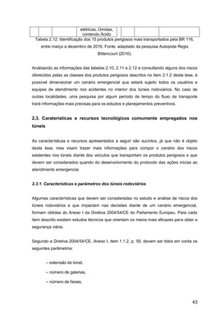 43
elétricas, Úmidas,
contendo Ácido
Tabela 2.12: Identificação dos 15 produtos perigosos mais transportados pela BR 116,
entre março a dezembro de 2016. Fonte: adaptado da pesquisa Autopista Regis
Bittencourt (2016).
Analisando as informações das tabelas 2.10, 2.11 e 2.12 e consultando alguns dos riscos
oferecidos pelas as classes dos produtos perigosos descritos no item 2.1.2 desta tese, é
possível dimensionar um cenário emergencial que estará sujeito todos os usuários e
equipes de atendimento nos acidentes no interior dos túneis rodoviários. No caso de
outras localidades, uma pesquisa por algum período de tempo do fluxo de transporte
trará informações mais precisas para os estudos e planejamentos preventivos.
2.3. Caraterísticas e recursos tecnológicos comumente empregados nos
túneis
As características e recursos apresentados a seguir são sucintos, já que não é objeto
desta tese, mas visam trazer mais informações para compor o cenário dos riscos
existentes nos túneis diante dos veículos que transportam os produtos perigosos e que
devem ser considerados quando do desenvolvimento do protocolo das ações inicias ao
atendimento emergencial.
2.3.1. Características e parâmetros dos túneis rodoviários
Algumas características que devem ser consideradas no estudo e análise de riscos dos
túneis rodoviários e que impactam nas decisões diante de um cenário emergencial,
formam obtidas do Anexo I da Diretiva 2004/54/CE do Parlamento Europeu. Para cada
item descrito existem estudos técnicos que orientam os meios mais eficazes para obter a
segurança viária.
Segundo a Diretiva 2004/54/CE, Anexo I, item 1.1.2, p. 59, devem ser tidos em conta os
seguintes parâmetros:
– extensão do túnel,
– número de galerias,
– número de faixas,
 