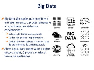 Big Data
Big Data são dados que excedem o
armazenamento, o processamento e
a capacidade dos sistemas
convencionais:
Volume de dados muito grande
Dados são gerados rapidamente
Dados não se encaixam nas estruturas
de arquiteturas de sistemas atuais
Além disso, para obter valor a partir
desses dados, é preciso mudar a
forma de analisá-los.
 