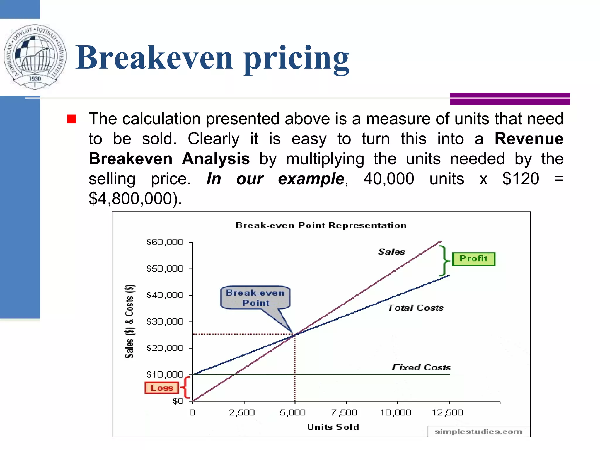 Breakeven pricing
 The calculation presented above is a measure of units that need
to be sold. Clearly it is easy to turn this into a Revenue
Breakeven Analysis by multiplying the units needed by the
selling price. In our example, 40,000 units x $120 =
$4,800,000).
 