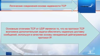 Логические соединения-основа надежности TCP
Основным отличием TCP от UDP является то, что на протокол TCP
возложена дополнительная задача-обеспечить надежную доставку
сообщений, используя в качестве основы ненадежный дейтаграммный
протокол IP.
 
