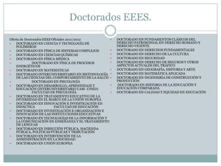 Doctorados EEES.Oferta de Doctorados EEES Oficiales 2011/2012DOCTORADO EN CIENCIA Y TECNOLOGÍA DE POLÍMEROS DOCTORADO EN FÍSICA DE SISTEMAS COMPLEJOS DOCTORADO EN CIENCIAS QUÍMICASDOCTORADO EN FÍSICA MÉDICA 	DOCTORADO EN FÍSICA DE PROCESOS ENERGÉTICOS DOCTORADO EN MATEMÁTICAS DOCTORADO INTERUNIVERSITARIO EN METODOLOGÍA DE LAS CIENCIAS DEL COMPORTAMIENTO DE LA SALUD 	DOCTORADO EN PSICOLOGÍA DOCTORADO EN DESARROLLO, APRENDIZAJE Y EDUCACIÓN (INTERUNIVERSITARIO UAM -UNED) 	FACULTAD DE PSICOLOGÍADOCTORADO EN TRATAMIENTO EDUCATIVO DE LA DIVERSIDAD EN EL MARCO DE LA UNIÓN EUROPEA DOCTORADO EN INNOVACIÓN E INVESTIGACIÓN EN DIDÁCTICA 	FACULTAD DE EDUCACIÓNDOCTORADO EN INVESTIGACIÓN E ORGANIZACIÓN E INNOVACIÓN DE LAS INSTITUCIONES EDUCATIVAS DOCTORADO EN TECNOLOGÍAS DE LA INFORMACIÓN Y LA COMUNICACIÓN EN ENSEÑANZA Y EL TRATAMIENTO DE LENGUAS DOCTORADO EN DIRECCIÓN PÚBLICA, HACIENDA PÚBLICA, POLÍTICAS PÚBLICAS Y TRIBUTACIÓN DOCTORADO EN INTERVENCIÓN DE LA ADMINISTRACIÓN EN LA SOCIEDAD DOCTORADO EN UNIÓN EUROPEA DOCTORADO EN FUNDAMENTOS CLÁSICOS DEL DERECHO PATRIMONIAL EN DERECHO ROMANO Y DERECHO VIGENTE DOCTORADO EN DERECHOS FUNDAMENTALES DOCTORADO EN DERECHO DE LA CULTURA DOCTORADO EN SEGURIDAD DOCTORADO EN DERECHO DE SEGUROS Y OTROS ASPECTOS ACTUALES DEL TRÁFICO DOCTORADO EN GEOGRAFÍA, HISTORIA Y ARTE DOCTORADO EN MATEMÁTICA APLICADA DOCTORADO EN INGENIERÍA DE CONSTRUCCIÓN Y PRODUCCIÓN  DOCTORADO EN HISTORIA DE LA EDUCACIÓN Y EDUCACIÓN COMPARADA DOCTORADO EN CALIDAD Y EQUIDAD EN EDUCACIÓN 
