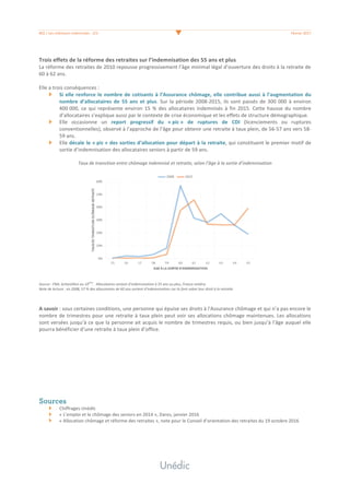 #02	/	Les	chômeurs	indemnisés	-	3/3	 	 Février	2017	
	
Trois	effets	de	la	réforme	des	retraites	sur	l’indemnisation	des	55	ans	et	plus		
La	réforme	des	retraites	de	2010	repousse	progressivement	l’âge	minimal	légal	d’ouverture	des	droits	à	la	retraite	de	
60	à	62	ans.	
	
Elle	a	trois	conséquences	:	
Si	elle	renforce	le	nombre	de	cotisants	à	l’Assurance	chômage,	elle	contribue	aussi	à	l’augmentation	du	
nombre	 d’allocataires	 de	 55	 ans	 et	 plus.	Sur	la	période	2008-2015,	ils	sont	passés	de	300	000	à	environ	
400	000,	ce	qui	représente	environ	15	%	des	allocataires	indemnisés	à	fin	2015.	Cette	hausse	du	nombre	
d’allocataires	s’explique	aussi	par	le	contexte	de	crise	économique	et	les	effets	de	structure	démographique.	
Elle	 occasionne	 un	 report	 progressif	 du	 «	pic	»	 de	 ruptures	 de	 CDI	 (licenciements	 ou	 ruptures	
conventionnelles),	observé	à	l’approche	de	l’âge	pour	obtenir	une	retraite	à	taux	plein,	de	56-57	ans	vers	58-
59	ans.		
Elle	décale	le	«	pic	»	des	sorties	d’allocation	pour	départ	à	la	retraite,	qui	constituent	le	premier	motif	de	
sortie	d’indemnisation	des	allocataires	seniors	à	partir	de	59	ans.	
	
Taux	de	transition	entre	chômage	indemnisé	et	retraite,	selon	l’âge	à	la	sortie	d’indemnisation	
	
	
	
Source	:	FNA,	échantillon	au	10
ème
.		Allocataires	sortant	d’indemnisation	à	55	ans	ou	plus,	France	entière.		
Note	de	lecture	:	en	2008,	57	%	des	allocataires	de	60	ans	sortent	d’indemnisation	car	ils	font	valoir	leur	droit	à	la	retraite.		
	
	
A	savoir	:	sous	certaines	conditions,	une	personne	qui	épuise	ses	droits	à	l'Assurance	chômage	et	qui	n’a	pas	encore	le	
nombre	de	trimestres	pour	une	retraite	à	taux	plein	peut	voir	ses	allocations	chômage	maintenues.	Les	allocations	
sont	versées	jusqu’à	ce	que	la	personne	ait	acquis	le	nombre	de	trimestres	requis,	ou	bien	jusqu’à	l’âge	auquel	elle	
pourra	bénéficier	d’une	retraite	à	taux	plein	d’office.	
	
	
	
	
	
	
	
	
	
Sources
Chiffrages	Unédic	
«	L’emploi	et	le	chômage	des	seniors	en	2014	»,	Dares,	janvier	2016	
«	Allocation	chômage	et	réforme	des	retraites	»,	note	pour	le	Conseil	d’orientation	des	retraites	du	19	octobre	2016	
	
 