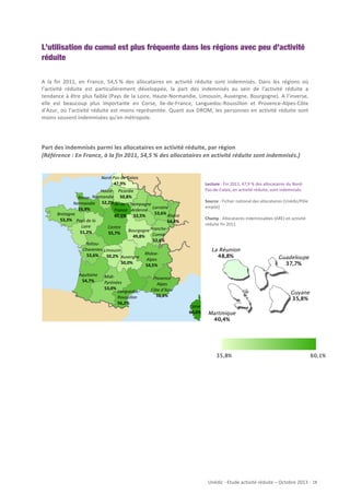 L’utilisation du cumul est plus fréquente dans les régions avec peu d’activité
réduite
	
  
A	
   la	
   fin	
   2011,	
   en	
   France,	
   54,5	
  %	
   des	
   allocataires	
   en	
   activité	
   réduite	
   sont	
   indemnisés.	
   Dans	
   les	
   régions	
   où	
  
l’activité	
   réduite	
   est	
   particulièrement	
   développée,	
   la	
   part	
   des	
   indemnisés	
   au	
   sein	
   de	
   l’activité	
   réduite	
   a	
  
tendance	
   à	
   être	
   plus	
   faible	
  (Pays	
   de	
   la	
   Loire,	
   Haute-­‐Normandie,	
   Limousin,	
   Auvergne,	
   Bourgogne).	
   A	
   l’inverse,	
  
elle	
   est	
   beaucoup	
   plus	
   importante	
   en	
   Corse,	
   Ile-­‐de-­‐France,	
   Languedoc-­‐Roussillon	
   et	
   Provence-­‐Alpes-­‐Côte	
  
d’Azur,	
   où	
   l’activité	
   réduite	
   est	
   moins	
   représentée.	
   Quant	
   aux	
   DROM,	
   les	
   personnes	
   en	
   activité	
   réduite	
   sont	
  
moins	
  souvent	
  indemnisées	
  qu’en	
  métropole.	
  
	
  

Part	
  des	
  indemnisés	
  parmi	
  les	
  allocataires	
  en	
  activité	
  réduite,	
  par	
  région	
  
(Référence	
  :	
  En	
  France,	
  à	
  la	
  fin	
  2011,	
  54,5	
  %	
  des	
  allocataires	
  en	
  activité	
  réduite	
  sont	
  indemnisés.)	
  	
  	
  
	
  
Nord-­‐Pas-­‐de-­‐Calais	
  
47,9%	
  

	
  
Lecture	
  :	
  Fin	
  2011,	
  47,9	
  %	
  des	
  allocataires	
  du	
  Nord-­‐
Pas-­‐de-­‐Calais,	
  en	
  activité	
  réduite,	
  sont	
  indemnisés.	
  
	
  
Source	
  :	
  Fichier	
  national	
  des	
  allocataires	
  (Unédic/Pôle	
  
emploi)	
  
	
  
Champ	
  :	
  Allocataires	
  indemnisables	
  (ARE)	
  en	
  activité	
  
réduite	
  fin	
  2011	
  
	
  
	
  
	
  
	
  
La Réunion
	
  
48,8%
Guadeloupe
	
  
37,7%
	
  
	
  
	
  
	
  
	
  
Guyane
	
  
	
  
35,8%

Haute-­‐ Picardie	
  
Basse-­‐ Normandie	
   50,8%	
  
Normandie	
   52,2%	
  Ile-­‐de-­‐	
   Champagne	
  
Lorraine	
  
55,9%	
  
France	
   Ardenne	
  
53,6%	
  Alsace	
  
Bretagne	
  
60,1%	
   52,5%	
  
53,3%	
   Pays	
  de	
  la	
  
54,4%	
  
Loire	
  
Centre	
  
Franche-­‐
Bourgogne	
  
51,2%	
  
55,7%	
  
49,8%	
   Comté	
  
52,6%	
  
Poitou-­‐
Charentes	
   Limousin	
  
53,6%	
   50,2%	
   Auvergne	
   Rhône-­‐
Alpes	
  
50,0%	
  
54,5%	
  
Aquitaine	
  
54,7%	
  

	
  
	
  
	
  

Midi-­‐
Pyrénées	
  
53,0%	
  
Languedoc-­‐
Roussillon	
  
56,2%	
  

Provence	
  
Alpes	
  
Côte	
  d’Azur	
  
55,5%	
  
Corse	
  
60,6%	
  

Martinique
40,4%

35,8%

60,1%

	
  

Unédic	
  -­‐	
  Etude	
  activité	
  réduite	
  –	
  Octobre	
  2013	
  -­‐	
  	
  28	
  

 