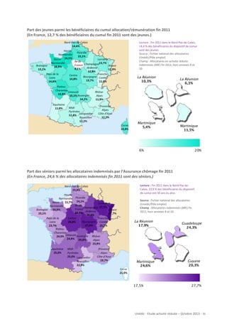 Part	
  des	
  jeunes	
  parmi	
  les	
  bénéficiaires	
  du	
  cumul	
  allocation/rémunération	
  fin	
  2011	
  
(En	
  France,	
  12,7	
  %	
  des	
  bénéficiaires	
  du	
  cumul	
  fin	
  2011	
  sont	
  des	
  jeunes.)	
  
Lecture	
  :	
  Fin	
  2011	
  dans	
  le	
  Nord-­‐Pas-­‐de-­‐Calais,	
  
14,4	
  %	
  des	
  bénéficiaires	
  du	
  dispositif	
  de	
  cumul	
  
sont	
  des	
  jeunes.	
  
Source	
  :	
  Fichier	
  national	
  des	
  allocataires	
  
(Unédic/Pôle	
  emploi)	
  
Champ	
  :	
  Allocataires	
  en	
  activité	
  réduite	
  
indemnisés	
  (ARE)	
  fin	
  2011,	
  hors	
  annexes	
  8	
  et	
  
10	
  

La Réunion
10,3%

	
  
	
  
	
  
	
  
	
  
	
  
	
  
	
  

Martinique
5,4%

	
  
	
  
6%
	
  
	
  
	
  
	
  
Part	
  des	
  séniors	
  parmi	
  les	
  allocataires	
  indemnisés	
  par	
  l’Assurance	
  chômage	
  fin	
  2011	
  
(En	
  France,	
  24,6	
  %	
  des	
  allocataires	
  indemnisés	
  fin	
  2011	
  sont	
  des	
  séniors.)	
  

La Réunion
6,3%

Martinique
11,5%

20%

Lecture	
  :	
  Fin	
  2011	
  dans	
  le	
  Nord-­‐Pas-­‐de-­‐
Calais,	
  23,9	
  %	
  des	
  bénéficiaires	
  du	
  dispositif	
  
de	
  cumul	
  ont	
  50	
  ans	
  ou	
  plus.	
  
	
  
Source	
  :	
  Fichier	
  national	
  des	
  allocataires	
  
(Unédic/Pôle	
  emploi)	
  
Champ	
  :	
  Allocataires	
  indemnisés	
  (ARE)	
  fin	
  
2011,	
  hors	
  annexes	
  8	
  et	
  10	
  

La Réunion
17,9%

Martinique
24,6%

17,5%

Guadeloupe
24,3%

Guyane
20,3%

27,7%

Unédic	
  -­‐	
  Etude	
  activité	
  réduite	
  –	
  Octobre	
  2013	
  -­‐	
  	
  31	
  

 