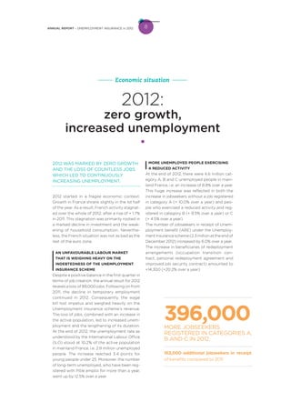 8ANNUAL REPORT – UNEMPLOYMENT INSURANCE in 2012
Economic situation
2012 WAS MARKED BY ZERO GROWTH
AND THE LOSS OF COUNTLESS JOBS
WHICH LED TO CONTINUOUSLY
INCREASING UNEMPLOYMENT.
2012 started in a fragile economic context.
Growth in France shrank slightly in the 1st half
of the year. As a result, French activity stagnat-
ed over the whole of 2012, after a rise of + 1.7%
in 2011. This stagnation was primarily rooted in
a marked decline in investment and the weak-
ening of household consumption. Neverthe-
less, the French situation was not as bad as the
rest of the euro zone.
AN UNFAVOURABLE LABOUR MARKET
THAT IS WEIGHING HEAVY ON THE
INDEBTEDNESS OF THE UNEMPLOYMENT
INSURANCE SCHEME
Despite a positive balance in the first quarter in
terms of job creation, the annual result for 2012
reveals a loss of 89,000 jobs. Following on from
2011, the decline in temporary employment
continued in 2012. Consequently, the wage
bill lost impetus and weighed heavily on the
Unemployment Insurance scheme’s revenue.
The loss of jobs, combined with an increase in
the active population, led to increased unem-
ployment and the lengthening of its duration.
At the end of 2012, the unemployment rate as
understood by the International Labour Office
(ILO) stood at 10.2% of the active population
in mainland France, i.e. 2.9 million unemployed
people. The increase reached 3.4 points for
young people under 25. Moreover, the number
of long-term unemployed, who have been reg-
istered with Pôle emploi for more than a year,
went up by 12.5% over a year.
MORE UNEMPLOYED PEOPLE EXERCISING
A REDUCED ACTIVITY
At the end of 2012, there were 4.6 million cat-
egory A, B and C unemployed people in main-
land France, i.e. an increase of 8.8% over a year.
This huge increase was reflected in both the
increase in jobseekers without a job registered
in category A (+ 10.0% over a year) and peo-
ple who exercised a reduced activity and reg-
istered in category B (+ 9.5% over a year) or C
(+ 4.5% over a year).
The number of jobseekers in receipt of Unem-
ployment benefit (ARE) under the Unemploy-
ment Insurance scheme (2.3 million at the end of
December 2012) increased by 6.0% over a year.
The increase in beneficiaries of redeployment
arrangements (occupation transition con-
tract, personal redeployment agreement and
improved job security contract) amounted to
+14,300 (+20.2% over a year).
2012:
zero growth,
increased unemployment
396,000MORE JOBSEEKERS
REGISTERED IN CATEGORIES A,
B AND C IN 2012.
163,000 additional jobseekers in receipt
of benefits compared to 2011.
 