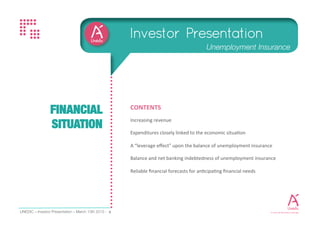 Investor Presentation - February 2017 88
Unédic Research and financial forecast
Contributions steady increase
Balance and net banking indebtedness of unemployment insurance scheme
Financial Forecast
 